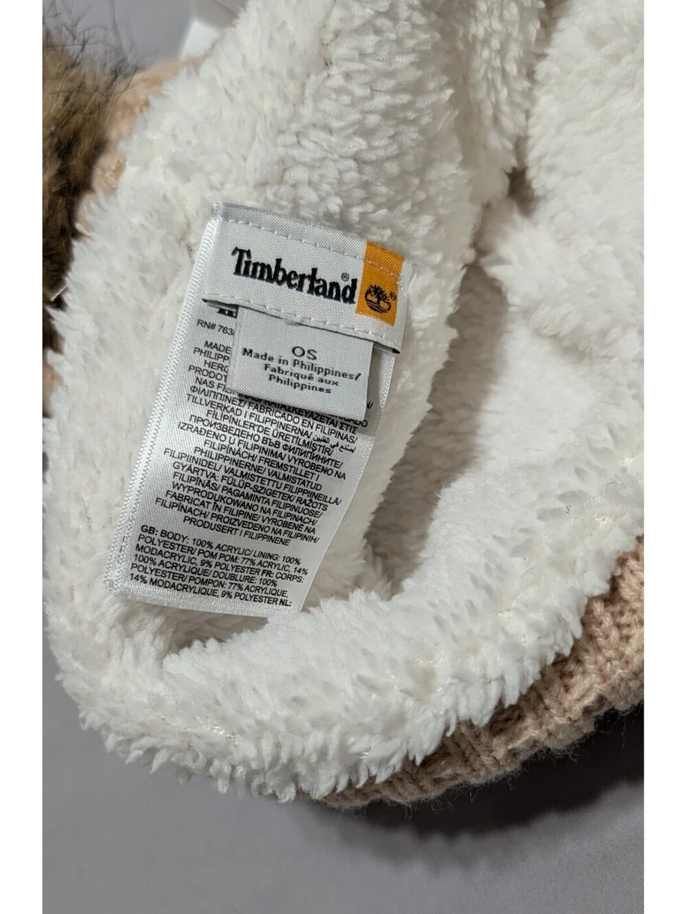 NWT Timberland Women's Cable Knit Faux Fur Pom Beanie Hat Blush Peach